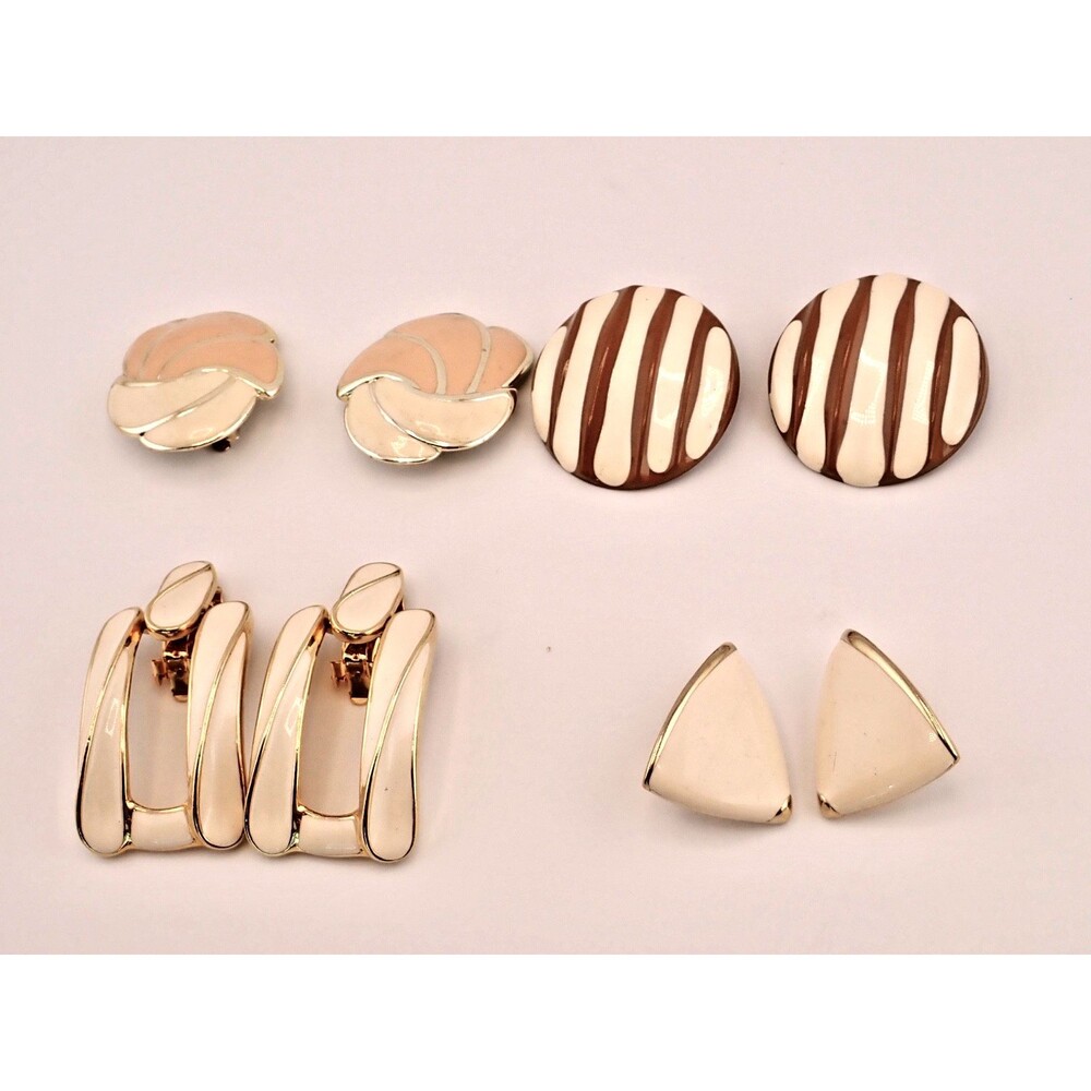 Vintage Set of 4  Gold Tone White & Carmel Clip On & Button Enamel Post Earrings